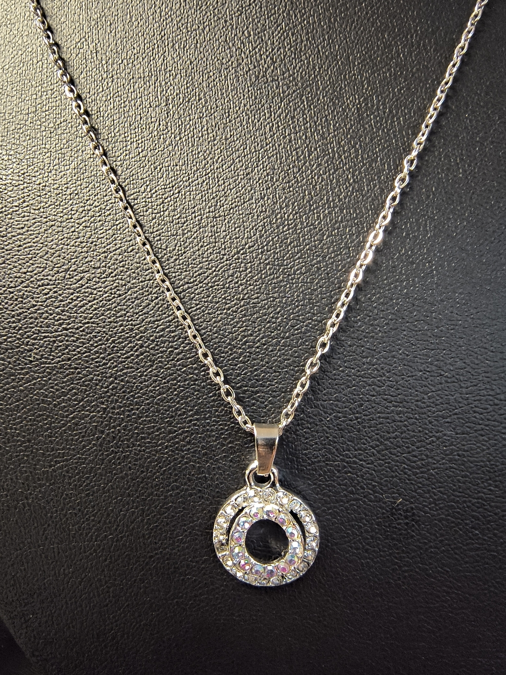Silver Crystal Circle Pendant Necklace - Sparkling Silver Tone